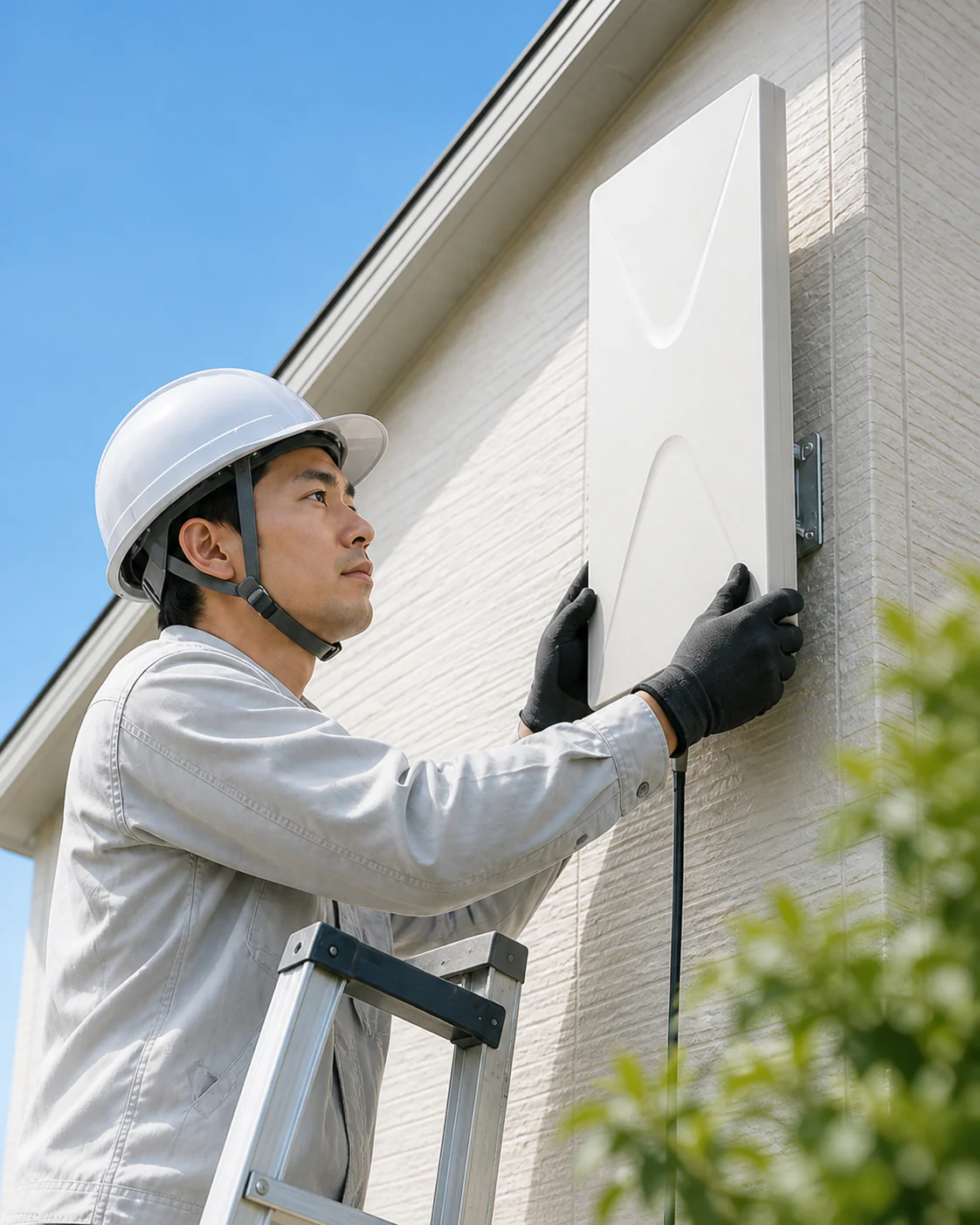 戸建て住宅の外壁にデザインアンテナを設置する技術者