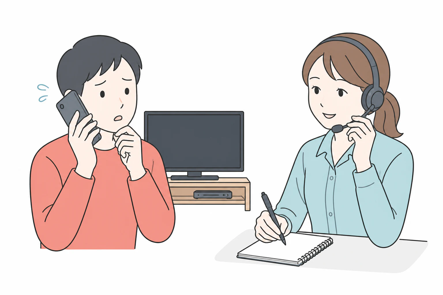 テレビの不調に困って電話する利用者と、優しく応対する女性スタッフのイラスト